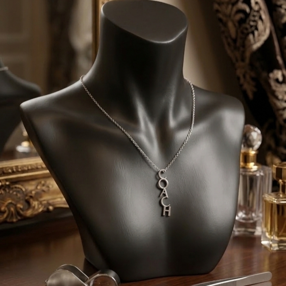 Coa ch Silver-Tone Vertical Logo Pendant Necklace - Picture 3 of 7